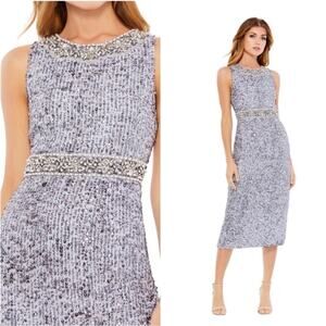 NWOT MAC DUGGAL Bead Embellished Sleeveless High Neck Midi Dress in Steel